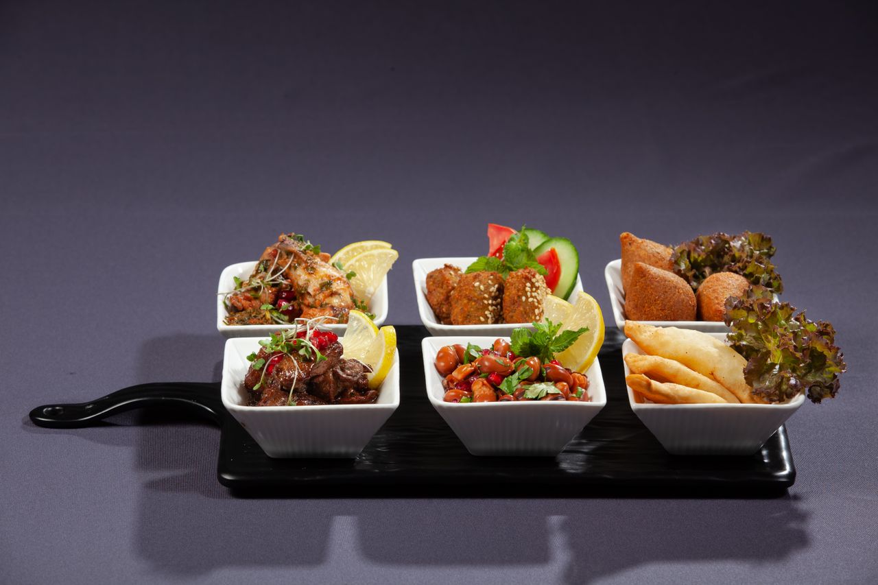 services-04 A vibrant selection of Middle Eastern appetizers served in elegant dishes, perfect for food photography enthusiasts.